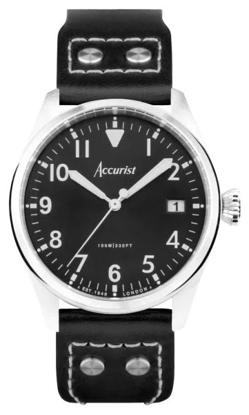 Accurist 76004 Aviation Mens Black Dial Black Leather Watch