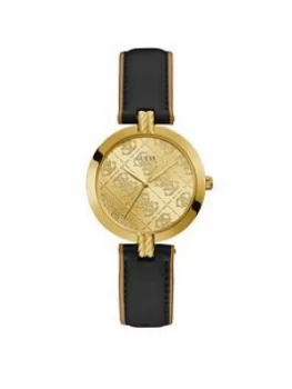 Guess Guess G Luxe Gold Logo Dial Black Leather Strap Watch