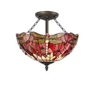 3 Light Semi Flush Ceiling E27 With 40cm Tiffany Shade, Purple, Pink, Crystal, Aged Antique Brass