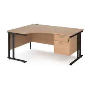 Office Desk Left Hand Corner Desk 1600mm With Pedestal Beech Top With Black Frame 1200mm Depth Maestro 25 MC16ELP2KB