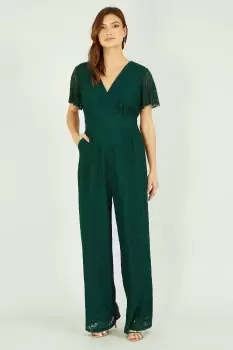 Green Angel Sleeve Lace Jumpsuit With Pockets