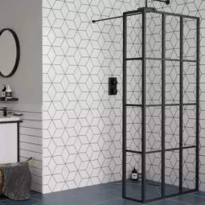 Black 900mm Grid Wet Room Shower Screen with Wall Support Bar & Return Panel - Nova