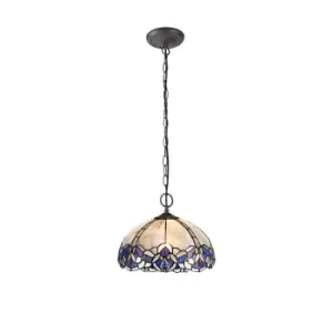 2 Light Downlight Ceiling Pendant E27 With 30cm Tiffany Shade, Blue, Clear Crystal, Aged Antique Brass