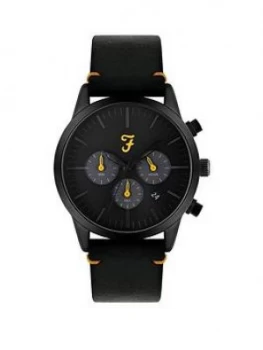 Farah Black And Yellow Detail Chronograph Dial Black Leather Strap Mens Watch