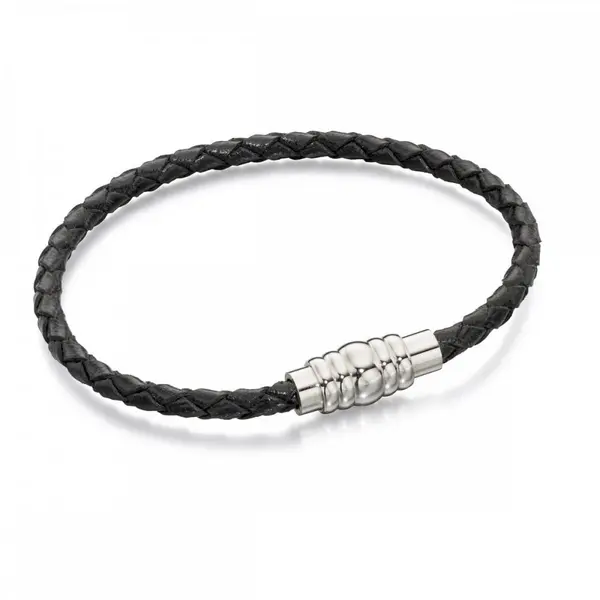 Fred Bennett Skinny Stainless Steel Black Leather Magnetic Bracelet B4