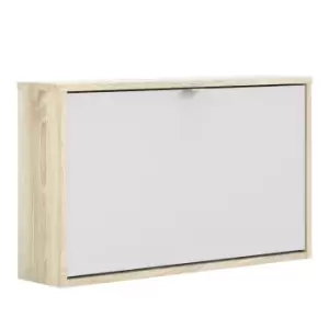 White Slim Shoe Cabinet with Oak Coloured Finish - Wall Hung