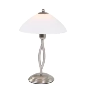 Capric Table Lamp with Round Tapered Shade Steel Brushed, Glass Opal Matt