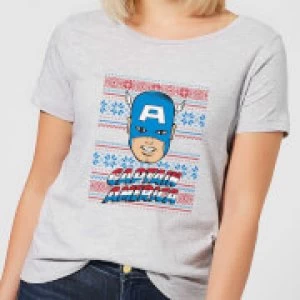 Marvel Captain America Face Womens Christmas T-Shirt - Grey - L