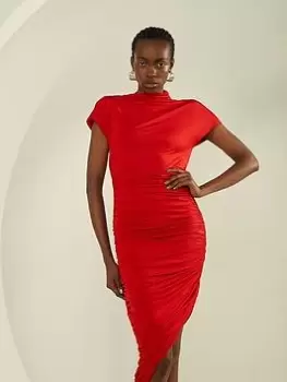 Karen Millen Slinky Ruched Asymetric Midi Dress - Red, Size S, Women