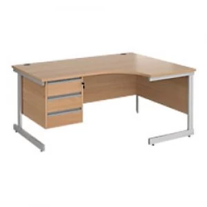 Right Hand Ergonomic Desk with 3 Lockable Drawers Pedestal and Beech Coloured MFC Top with Silver Frame Cantilever Legs Contract 25 1600 x 1200 x 725