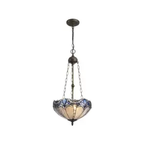 3 Light Uplighter Ceiling Pendant E27 With 40cm Tiffany Shade, Blue, Clear Crystal, Aged Antique Brass