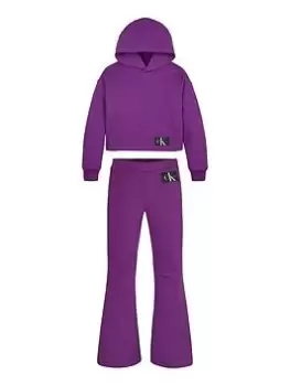 Calvin Klein Jeans Girls 2 Piece Proportion Play Hoodie and Flares Set - Purple, Purple, Size Age: 14 Years, Women
