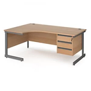Dams International Left Hand Ergonomic Desk with Beech Coloured MFC Top and Graphite Frame Cantilever Legs and 3 Lockable Drawer Pedestal Contract 25