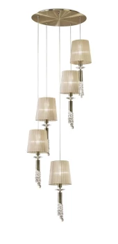 Tiffany Ceiling Cluster Pendant 5+5 Light E27+G9 Spiral, Antique Brass with Soft Bronze Shades & Clear Crystal