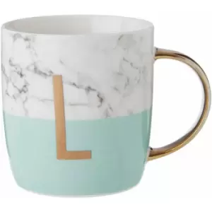 Pastel Green L Letter Monogram Mug Large Coffee / Tea Mug Stylish Marble Pattern With Golden Handle 9 x 9 x 12 - Premier Housewares