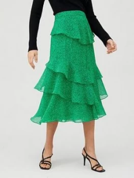 Whistles Sketched Floral Tiered Skirt - Green/Multi