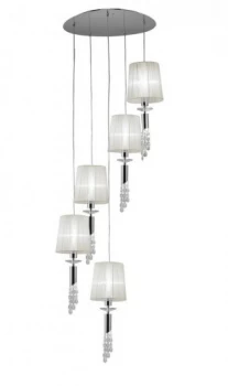 Ceiling Cluster Pendant 5+5 Light E27+G9 Spiral, Polished Chrome with White Shades & Clear Crystal