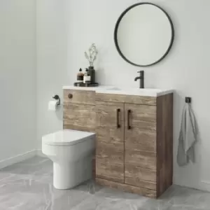1100mm Wood Effect Toilet and Sink Unit Right Hand with Round Toilet and Black Fittings - Ashford