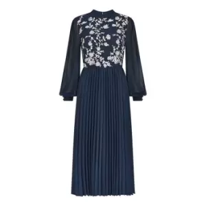 Yumi Navy Embroidered Midi Dress With Pleats - Blue