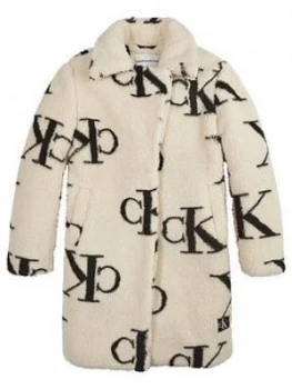 Calvin Klein Jeans Girls CK Print Teddy Coat, Cream, Size 12 Years, Women