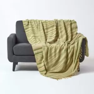 Bed Sofa Throw Cotton Chenille Tie Dye Green, 150 x 200cm - Green - Homescapes