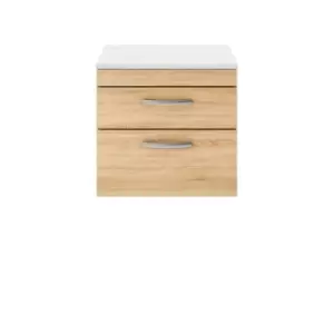 Nuie Athena 600 Wall Hung 2-drawer Vanity & Sparkling White Worktop - Natural Oak