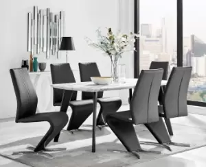 Andria Marble Effect Dining Table With Black Legs & 6 Willow Faux Leather Chairs