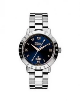 Vivienne Westwood Bloomsbury Blue and Rose Gold Detail Date Dial Stainless Steel Bracelet Ladies Watch, One Colour, Women