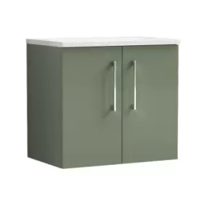 Arno Satin Green 600mm Wall Hung 2 Door Vanity Unit with Sparkling White Laminate Worktop - ARN823LSW - Satin Green - Nuie