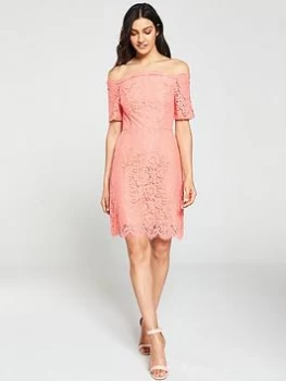 Oasis Lace Bardot Shift Dress - Coral , Coral, Size 14, Women