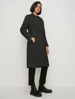 Oasis Quilted Longline Belted Coat - Black, Size 10, Women