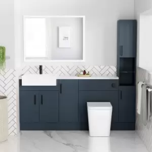1800mm - 2100mm Blue Toilet and Sink Unit with Tall Cabinet Marble Effect Worktop and Black Fittings - Coniston