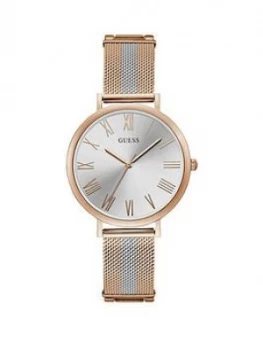 Guess Guess Silver and Rose Detail Dial Two Tone Stainless Steel Mesh Strap Ladies Watch, One Colour, Women