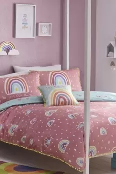 'Rainbow Pom' 100% Cotton Reversible Kids Duvet Cover Set With Pom Pom Embellishments