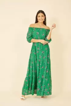 Green Floral Bardot Long Sleeve Maxi Dress