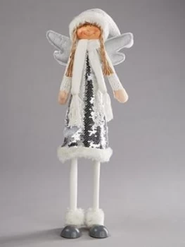 Festive 64cm Standing Silver And White Sequin Angel Christmas Decoration