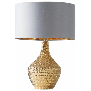 Metallic Gold Indent Textured Ceramic Table Lamp Grey/Gold Drum Shade - No Bulb