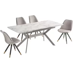 5 Pieces Life Interiors Sofia Blaze Dining Set - a White Extendable Rectangular Wooden Dining Table and Set of 4 Dark Grey Dining Chairs - Dark Grey