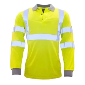 Modaflame Mens Flame Resistant Hi Vis Polo Shirt Long Sleeve Yellow 2XL