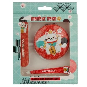 Maneki Neko Lucky Cat Compact Mirror, Nail File and Tweezers Beauty Set