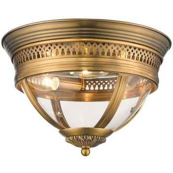 3 Light Flush Ceiling Light Antique Brass, Clear, E14 - Spring Lighting