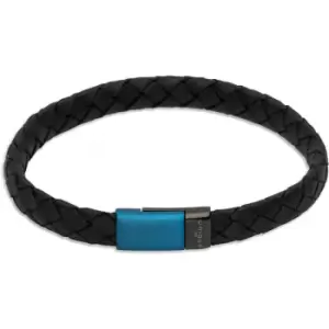 Unique & Co. Black Leather Bracelet with Blue/Black Plated Magnetic Steel Clasp