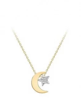 Love Gold 9Ct White And Yellow Gold Polished Moon And Diamond Cut Star Pendant Necklace