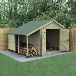 10' x 8' Forest Timberdale 25yr Guarantee Tongue & Groove Pressure Treated Windowless Double Door Apex Shed with Logstore (3.07m x 2.36m)