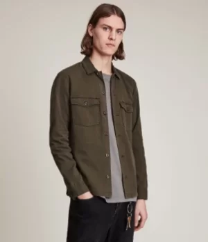 AllSaints Mens Cotton Slim Fit Long Sleeve Spotter Shirt, Green, Size: M