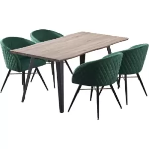5 Pieces Life Interiors Vittorio Rocco Dining Set - a Walnut Rectangular Dining Table and Set of 4 Green Dining Chairs - Green