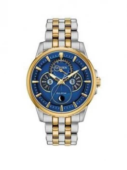 Citizen Eco-Drive Moonphase Wr100 Blue And Gold Detail Dial Two Tone Stainless Steel Bracelet Mens Watch