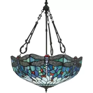Interiors Dragonfly Blue - 3 Light Large Inverted Ceiling Pendant Bronze, Dragonfly Tiffany Glass, E27