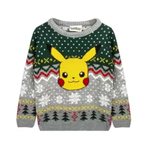 Pokemon Childrens/Kids Pikachu Knitted Christmas Jumper (11-12 Years) (Grey/Green)