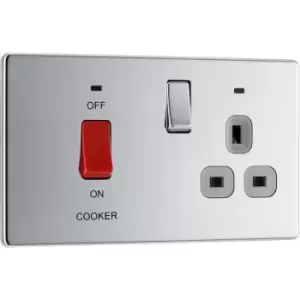 BG Nexus Flatplate Screwless Polished Chrome 2 Gang 45A Cooker Switch & 13A Switched Socket With Grey Inserts & Neon - FPC70G
